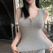 Slim Knitted Tops Femme O Neck 2025 Summer Basic Shirts White Black Casual Sport Vest Off Shoulder Button Women's Tank Top