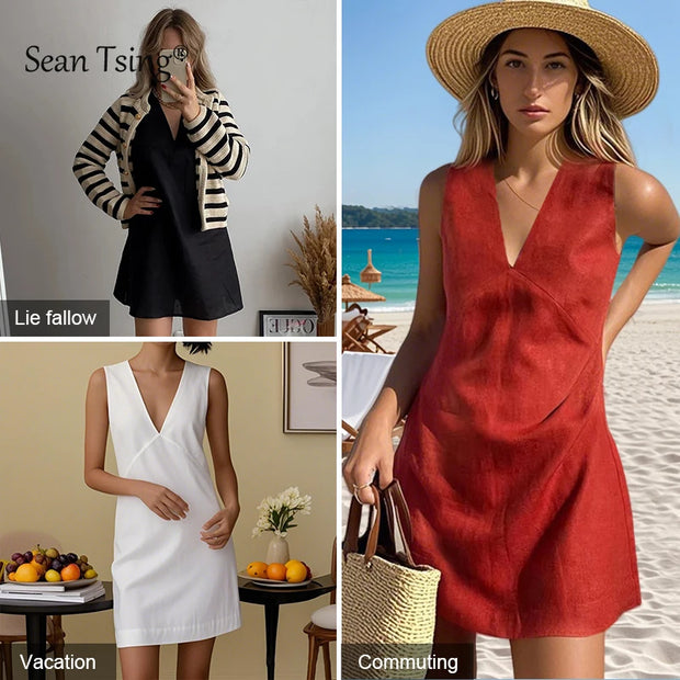 2025 Linen Summer Women Dresses Sexy V-Neck Sleeveless Basic Tank Dress Elegant Party Dresses Chic Boho Red Sundress