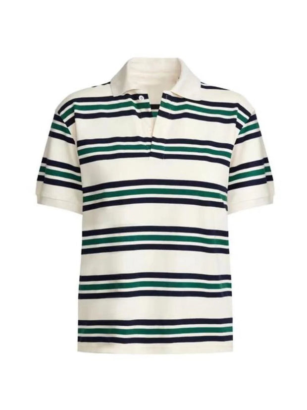 Summer Polo Shirts Woman Long Sleeve Crop Top Color Block Green Stripe Print Polo Shirts Mujer Casual Tops Striped Brown Autumn