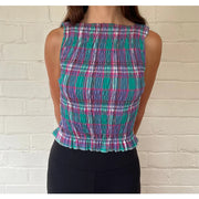 Women Smock Tank Tops Casual Summer Ruffle Hem Plaid Print Sleeveless Shirt Basic Vests 90s Aesthetic Crops Clothes Streetwear