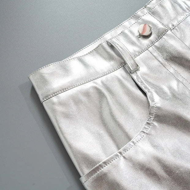 Silver Summer Straight Women's Pants PU Clothing Solid Casual Pocket Trousers Streetwear Fashion High Waist Ankle-Length Pants