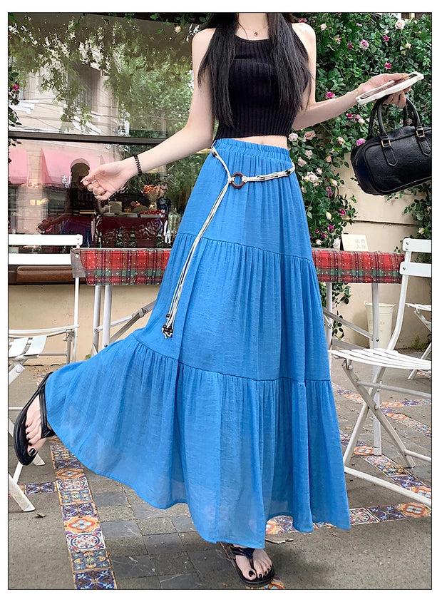 Boho Summer Cotton-Linen Midi Skirt: Flowy A-Line Pleated Long Skirt with Slimming Fit & Hip-Hiding Design for Resort Vacations