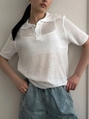 Summer Knitted Polo T Shirt Women Pink Short Puff Sleeve Top Knit Tees White Thin Women's T-shirt Simple Summer Tops For Woman