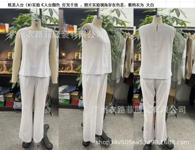 Summer Linen 2 Piece Set Women Casual Solid 2 Piece Outfit Sleeveless Blouse Tops Wide Leg Pants Suit Women Street Wear Sets