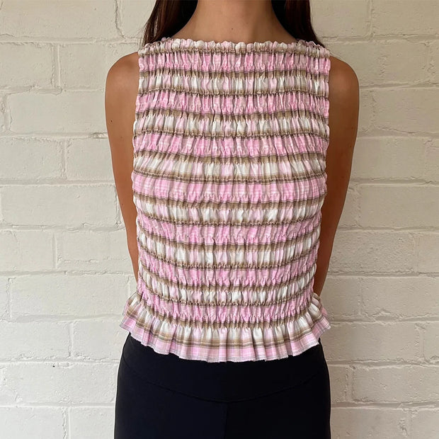 Women Smock Tank Tops Casual Summer Ruffle Hem Plaid Print Sleeveless Shirt Basic Vests 90s Aesthetic Crops Clothes Streetwear