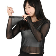 Summer Women Sunscreen T-shirt Girls Sexy Black Mesh Long-sleeved Tops Famale Ice Silk Transparent Sheer Bottom Blouses Shirts