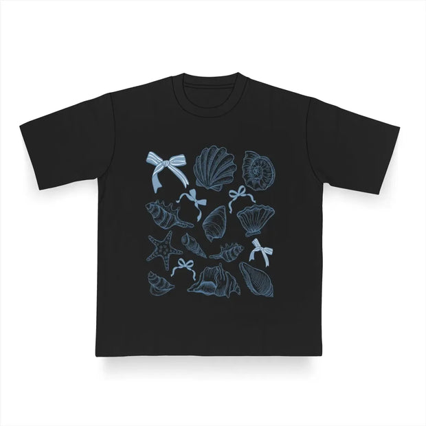 Summer Four Seasons Ins Personality American Blue Bow Shell Printing Women's T-shirt Fashionable Oversized Half-sleeved Top