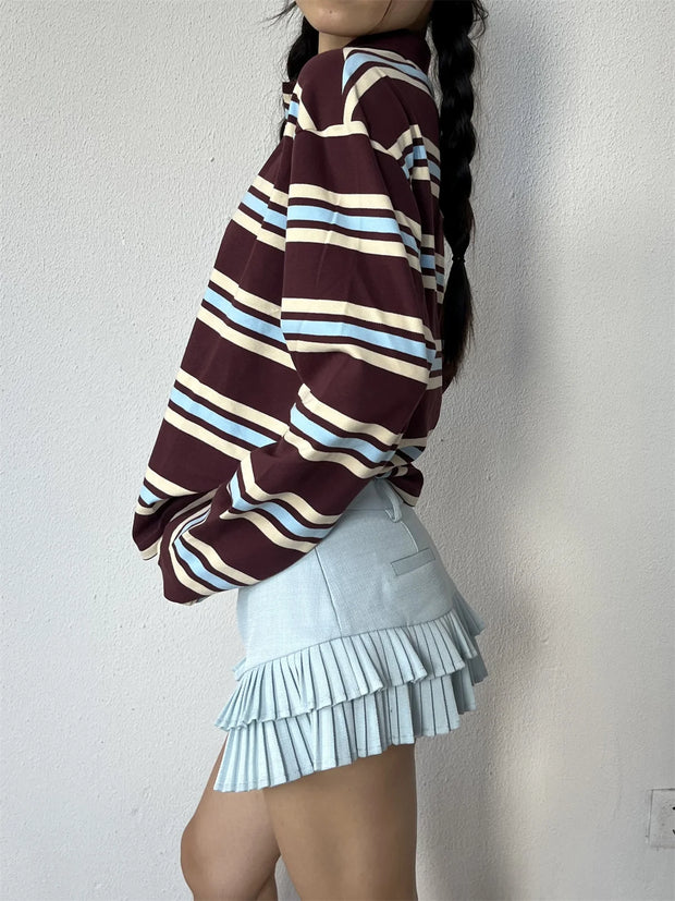 Summer Polo Shirts Woman Long Sleeve Crop Top Color Block Green Stripe Print Polo Shirts Mujer Casual Tops Striped Brown Autumn