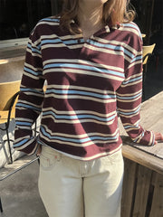 Summer Polo Shirts Woman Long Sleeve Crop Top Color Block Green Stripe Print Polo Shirts Mujer Casual Tops Striped Brown Autumn