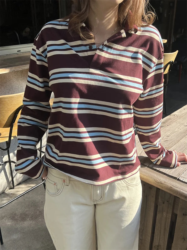 Summer Polo Shirts Woman Long Sleeve Crop Top Color Block Green Stripe Print Polo Shirts Mujer Casual Tops Striped Brown Autumn