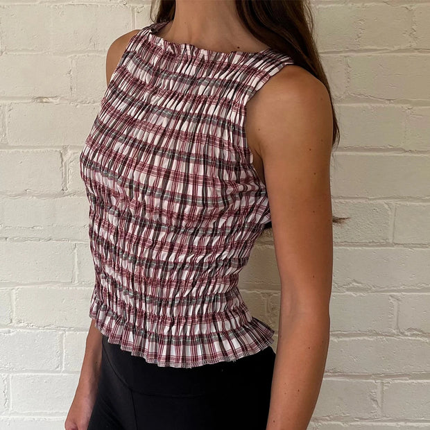 Women Smock Tank Tops Casual Summer Ruffle Hem Plaid Print Sleeveless Shirt Basic Vests 90s Aesthetic Crops Clothes Streetwear