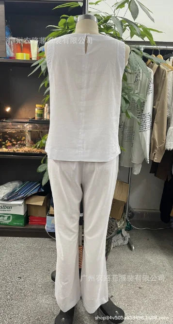 Summer Linen 2 Piece Set Women Casual Solid 2 Piece Outfit Sleeveless Blouse Tops Wide Leg Pants Suit Women Street Wear Sets