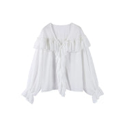 Mesh Sheer Shirt Women Elegant Pleated Layered Deep V Neck Flare Sleeve Pullover Blouse Female 2025 New Commute High Streetwears