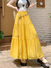 Boho Summer Cotton-Linen Midi Skirt: Flowy A-Line Pleated Long Skirt with Slimming Fit & Hip-Hiding Design for Resort Vacations