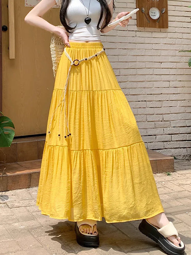 Boho Summer Cotton-Linen Midi Skirt: Flowy A-Line Pleated Long Skirt with Slimming Fit & Hip-Hiding Design for Resort Vacations