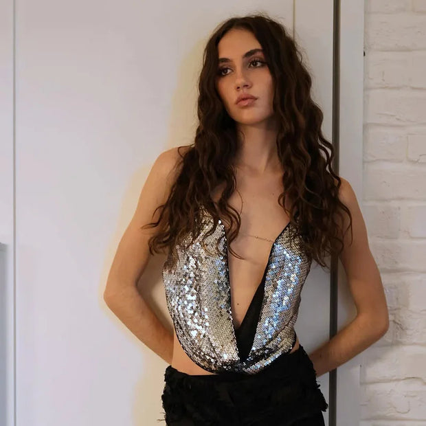 2025 Summer Silver Sparkling Camisole Fashion Sexy Hot Girls Sequins V-Neck Hanging Neck Backless Top Y2k Party Looks Top Women