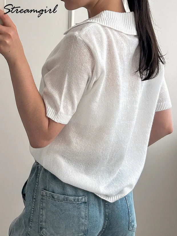 Summer Knitted Polo T Shirt Women Pink Short Puff Sleeve Top Knit Tees White Thin Women's T-shirt Simple Summer Tops For Woman
