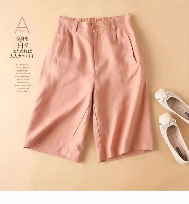 Linen Women's Summer Shorts Casual Elastic Waist White Shorts Solid Basic Loose Wide Leg Cotton Linen Women High Waist Short