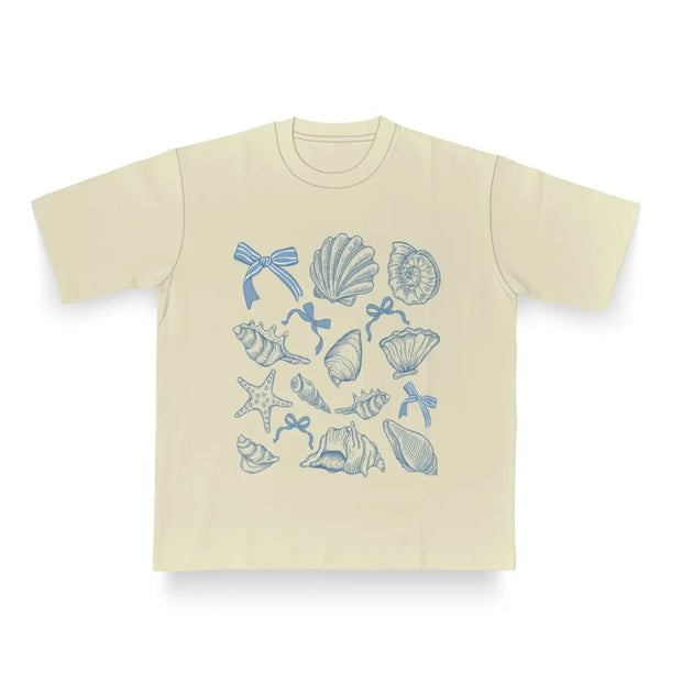 Summer Four Seasons Ins Personality American Blue Bow Shell Printing Women's T-shirt Fashionable Oversized Half-sleeved Top