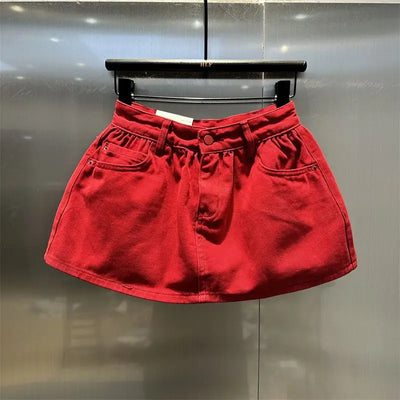 Red High-waisted Denim Skirt 2025 Summer Fashion A-word Anti-light Mini Skirt