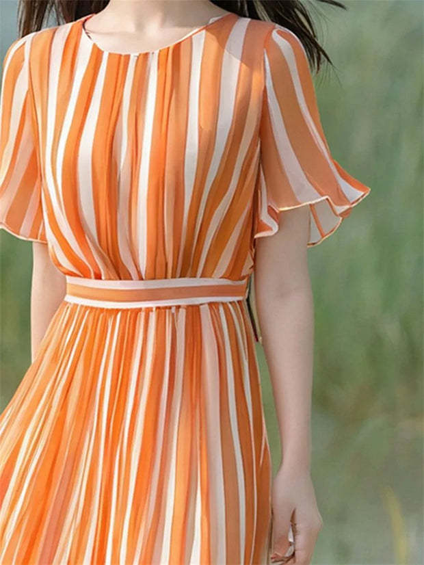 Orange Striped Dress With A Goddess Like Temperament And A Sense Of Luxury Waist Cinching Dress For Women In Summer Short Sleeve