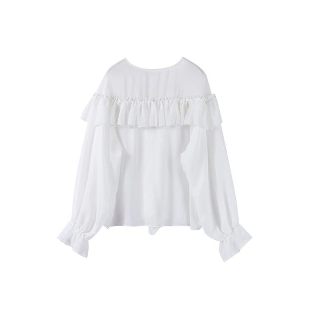 Mesh Sheer Shirt Women Elegant Pleated Layered Deep V Neck Flare Sleeve Pullover Blouse Female 2025 New Commute High Streetwears
