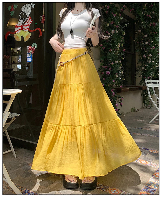 Boho Summer Cotton-Linen Midi Skirt: Flowy A-Line Pleated Long Skirt with Slimming Fit & Hip-Hiding Design for Resort Vacations