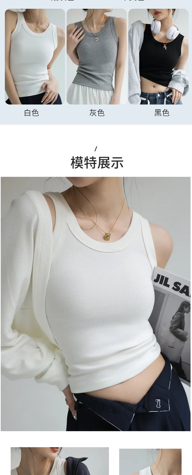 Ribbed Knitted Tops Neck Summer Basic Shirts White Black Casual Sport Vest Off Shoulder  Women's Tank TopWith chest pad