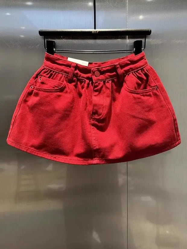 Red High-waisted Denim Skirt 2025 Summer Fashion A-word Anti-light Mini Skirt