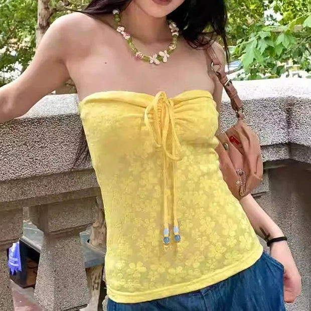 Summer Beach Vacation Floral Tube Top for Women Lace up Camisole Sexy Backless Basic Tank Top Halter Camis Y2k Streetwear