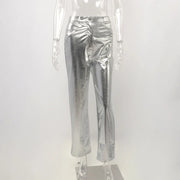 Silver Summer Straight Women's Pants PU Clothing Solid Casual Pocket Trousers Streetwear Fashion High Waist Ankle-Length Pants