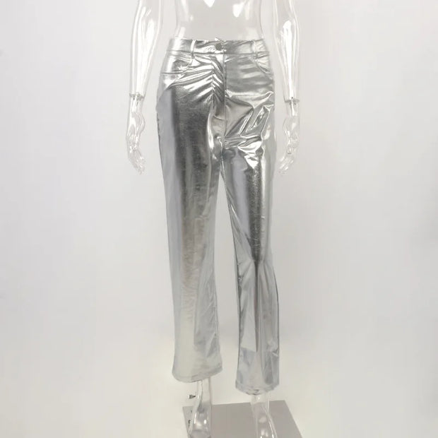 Silver Summer Straight Women's Pants PU Clothing Solid Casual Pocket Trousers Streetwear Fashion High Waist Ankle-Length Pants