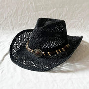 Summer Bohemian Shell Straw Hat Beach Women Men Cowboy Hats Wooden Beads Hollow Out Western Wide Brim Sun Hat Holiday Cap