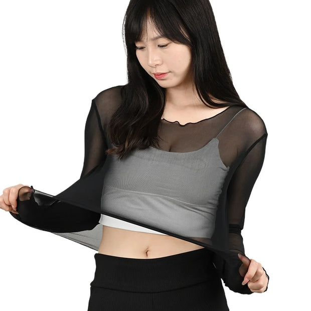 Summer Women Sunscreen T-shirt Girls Sexy Black Mesh Long-sleeved Tops Famale Ice Silk Transparent Sheer Bottom Blouses Shirts