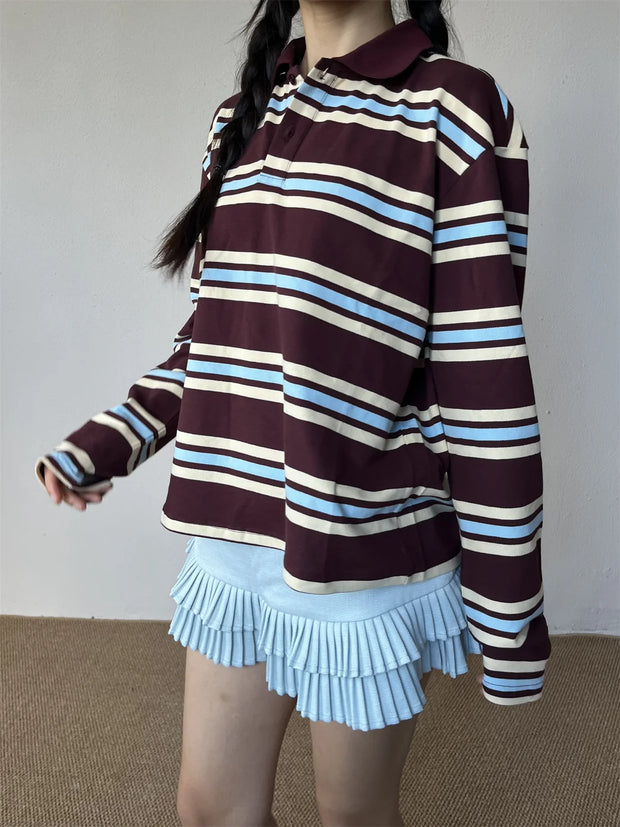 Summer Polo Shirts Woman Long Sleeve Crop Top Color Block Green Stripe Print Polo Shirts Mujer Casual Tops Striped Brown Autumn
