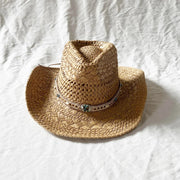 Summer Bohemian Shell Straw Hat Beach Women Men Cowboy Hats Wooden Beads Hollow Out Western Wide Brim Sun Hat Holiday Cap