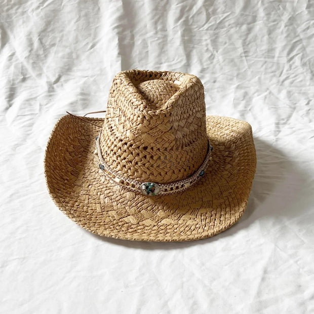 Summer Bohemian Shell Straw Hat Beach Women Men Cowboy Hats Wooden Beads Hollow Out Western Wide Brim Sun Hat Holiday Cap