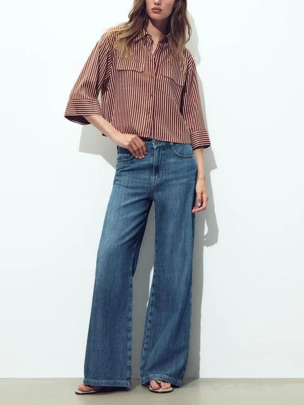Street Sle mat Casual irt Women's Summer 2025 Wide Sve Turn-down Collar Versatile Polyester Fiber Six Sve Le...
