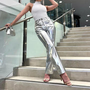 Silver Summer Straight Women's Pants PU Clothing Solid Casual Pocket Trousers Streetwear Fashion High Waist Ankle-Length Pants