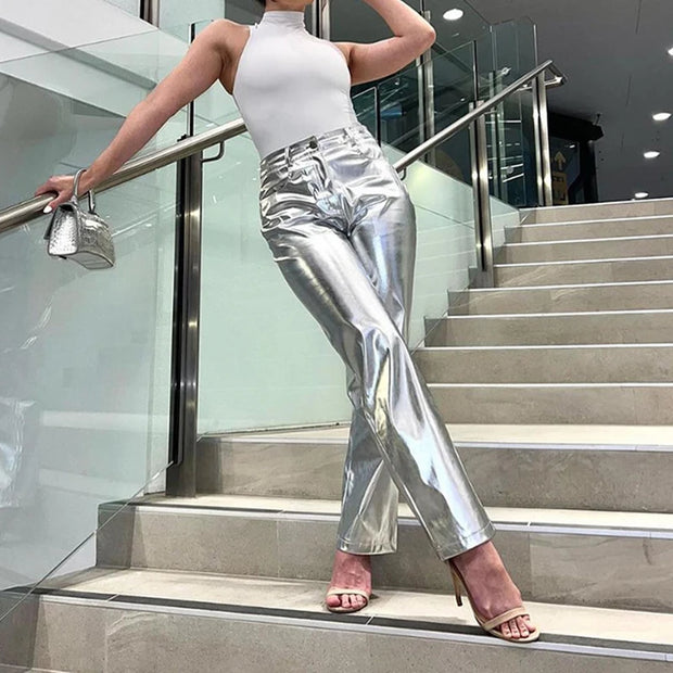 Silver Summer Straight Women's Pants PU Clothing Solid Casual Pocket Trousers Streetwear Fashion High Waist Ankle-Length Pants