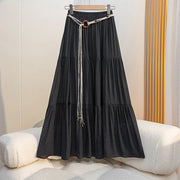 Boho Summer Cotton-Linen Midi Skirt: Flowy A-Line Pleated Long Skirt with Slimming Fit & Hip-Hiding Design for Resort Vacations