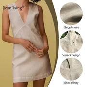 2025 Linen Summer Women Dresses Sexy V-Neck Sleeveless Basic Tank Dress Elegant Party Dresses Chic Boho Red Sundress