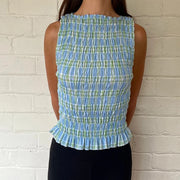 Women Smock Tank Tops Casual Summer Ruffle Hem Plaid Print Sleeveless Shirt Basic Vests 90s Aesthetic Crops Clothes Streetwear