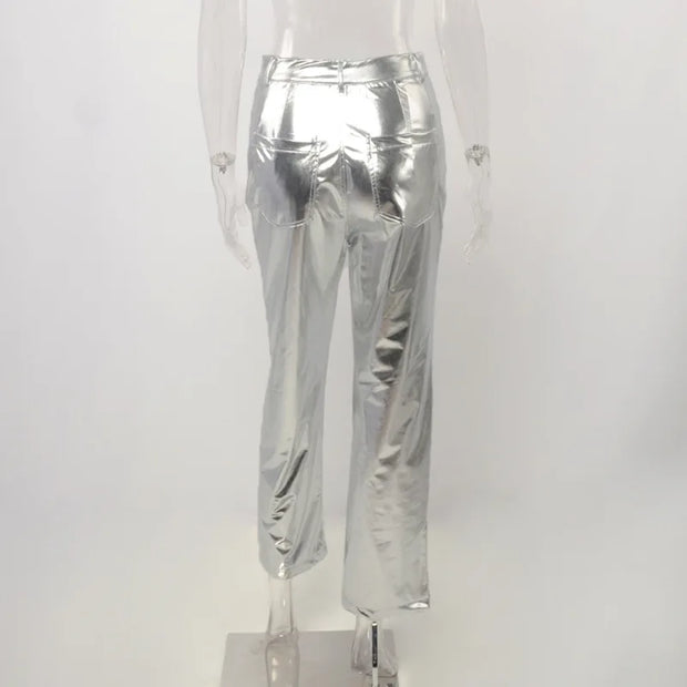 Silver Summer Straight Women's Pants PU Clothing Solid Casual Pocket Trousers Streetwear Fashion High Waist Ankle-Length Pants