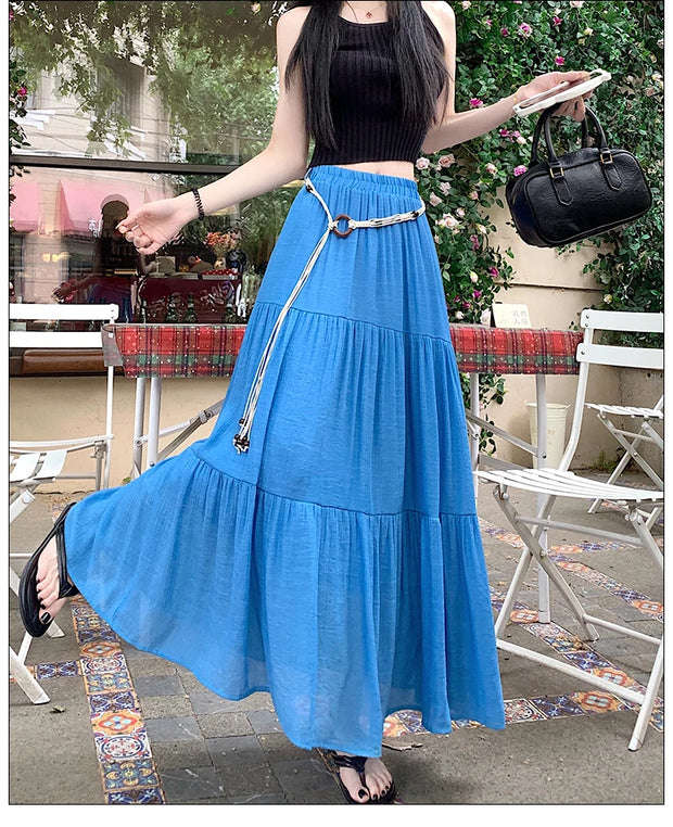 Boho Summer Cotton-Linen Midi Skirt: Flowy A-Line Pleated Long Skirt with Slimming Fit & Hip-Hiding Design for Resort Vacations