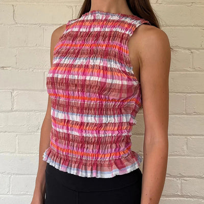 Women Smock Tank Tops Casual Summer Ruffle Hem Plaid Print Sleeveless Shirt Basic Vests 90s Aesthetic Crops Clothes Streetwear