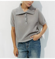 Summer Knitted Polo T Shirt Women Pink Short Puff Sleeve Top Knit Tees White Thin Women's T-shirt Simple Summer Tops For Woman