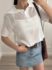 Summer Knitted Polo T Shirt Women Pink Short Puff Sleeve Top Knit Tees White Thin Women's T-shirt Simple Summer Tops For Woman