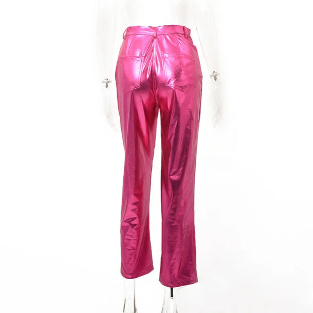 Silver Summer Straight Women's Pants PU Clothing Solid Casual Pocket Trousers Streetwear Fashion High Waist Ankle-Length Pants