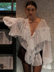 Mesh Sheer Shirt Women Elegant Pleated Layered Deep V Neck Flare Sleeve Pullover Blouse Female 2025 New Commute High Streetwears